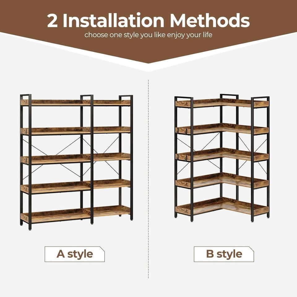 65 Inch Five Tier Corner Bookshelf With Open Shelves
