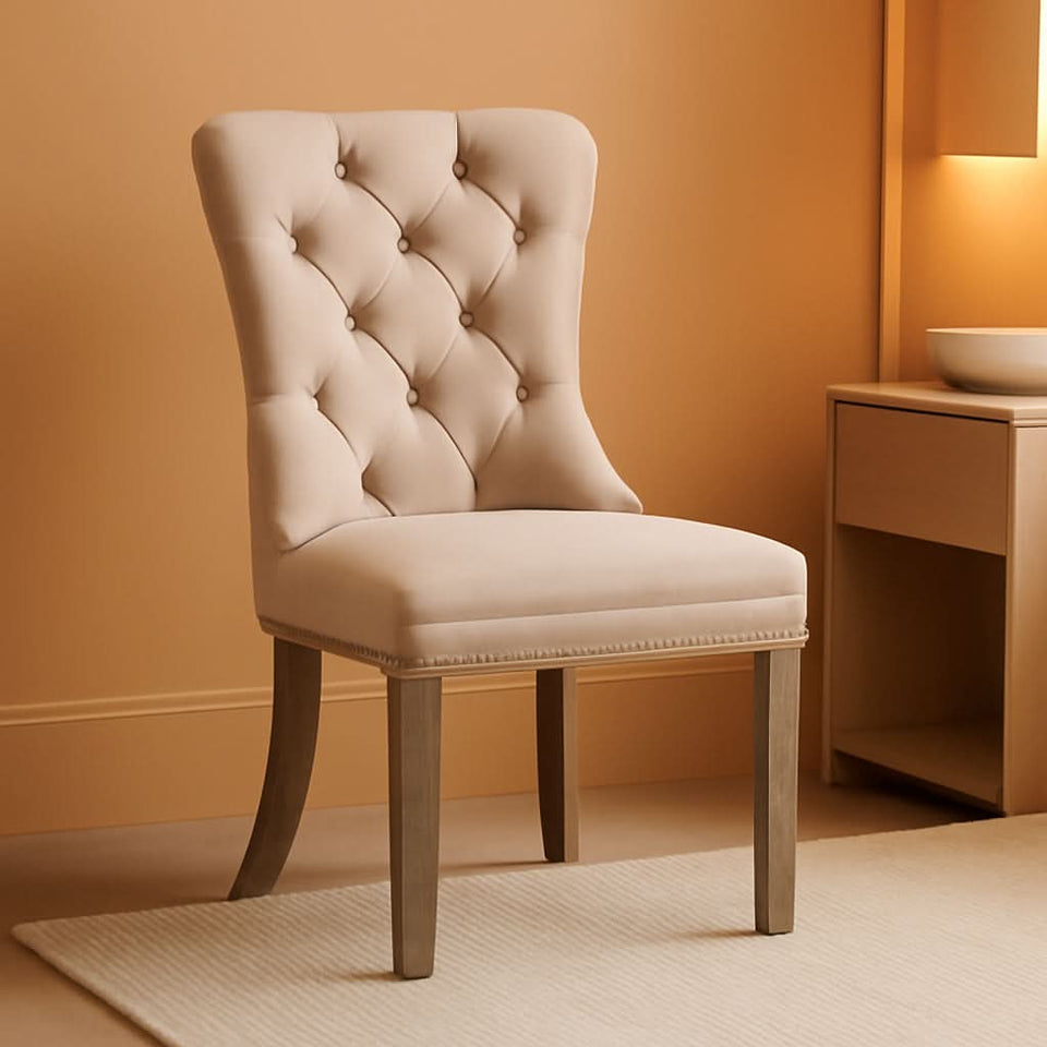 Beige Velvet Tufted Dining Chairs With Nailhead Trim Set Of 6