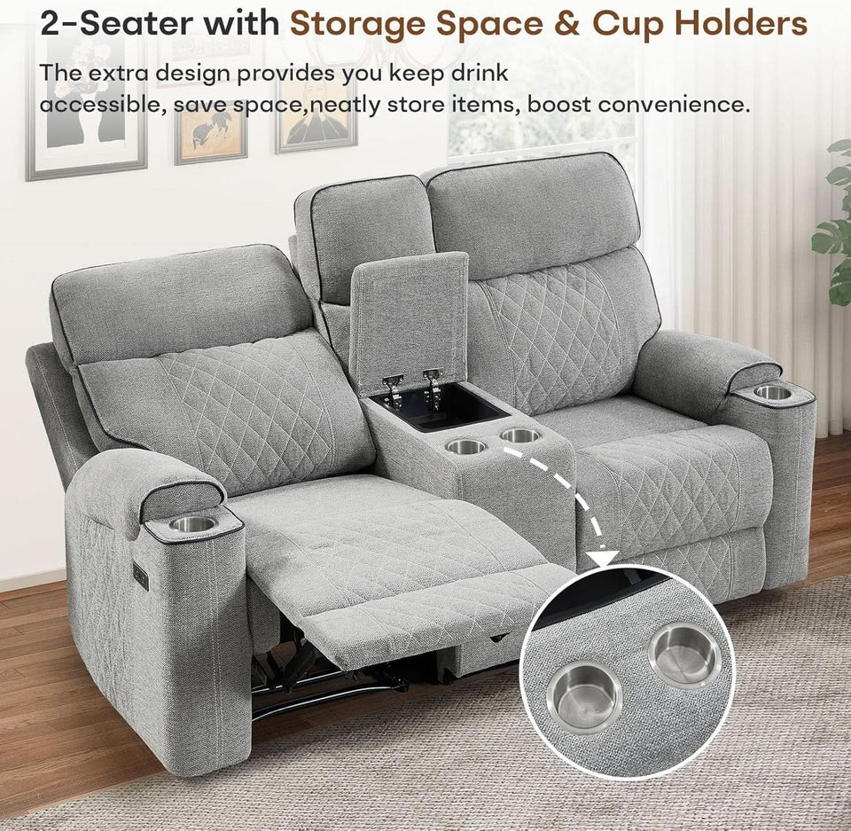 Electric Recliner Sofa USB Type C Ports Light Grey