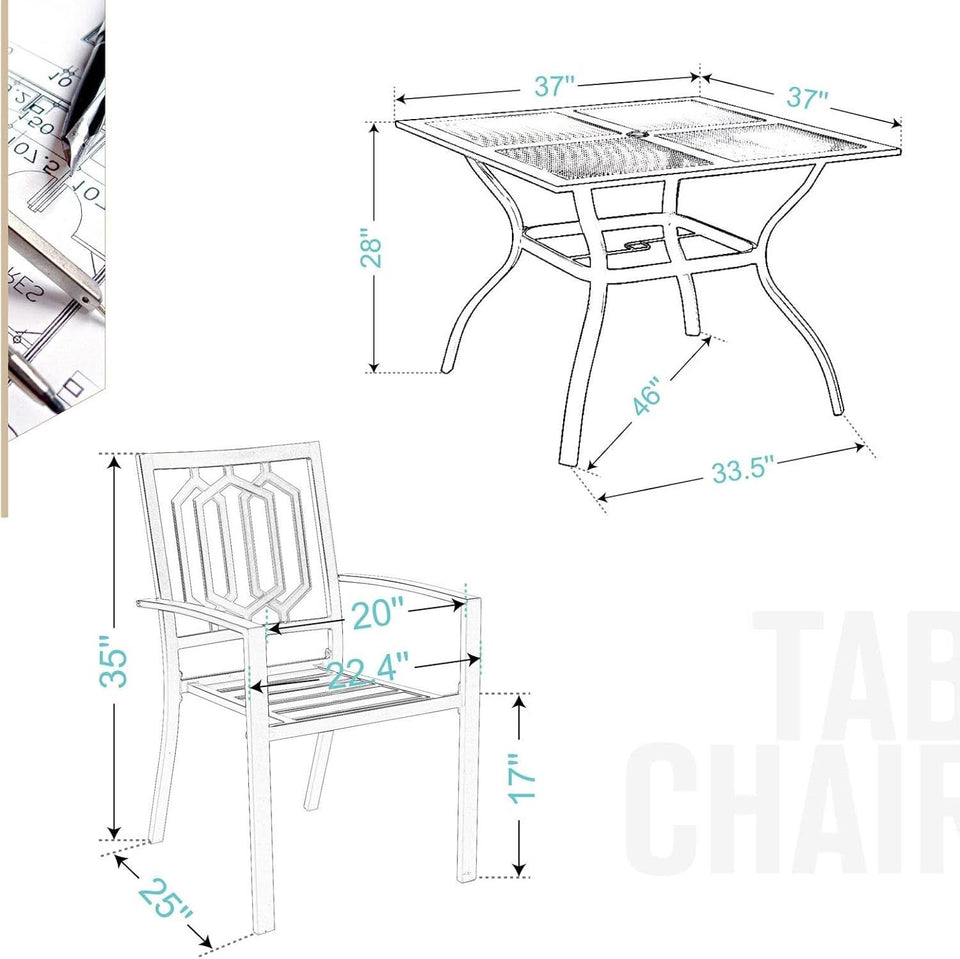 5 Piece Metal Patio Dining Set 37 In Table And 4 Chairs