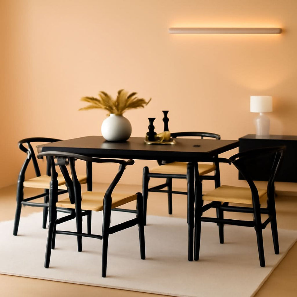 Black Rattan Weave Dining Chairs Set 2 Mid Century Modern