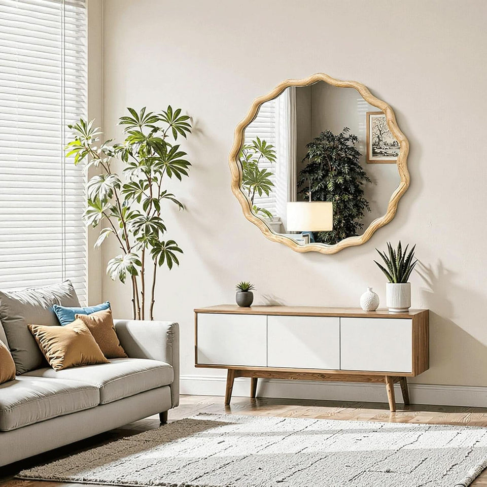 Round Wood Wall Mirror 24 Inch Shatterproof Glass Mounted