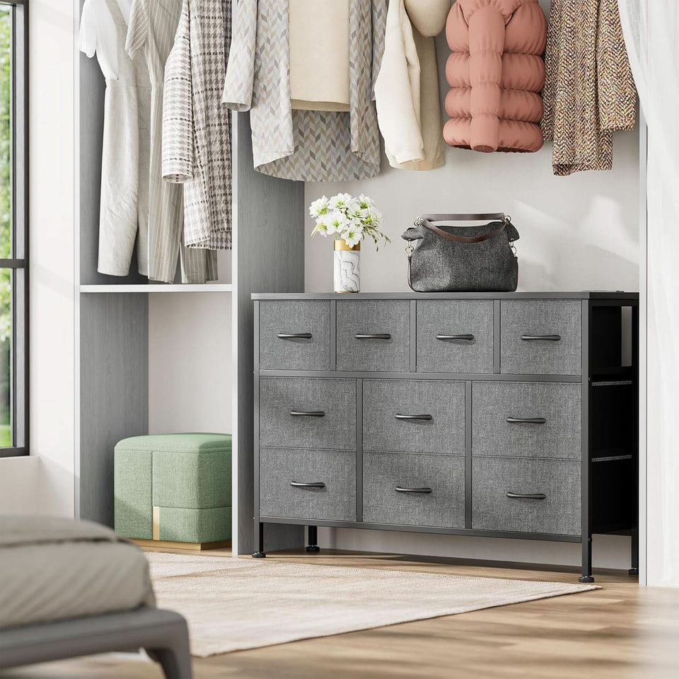 Grey 10 Drawer Dresser TV Stand With Power Outlets