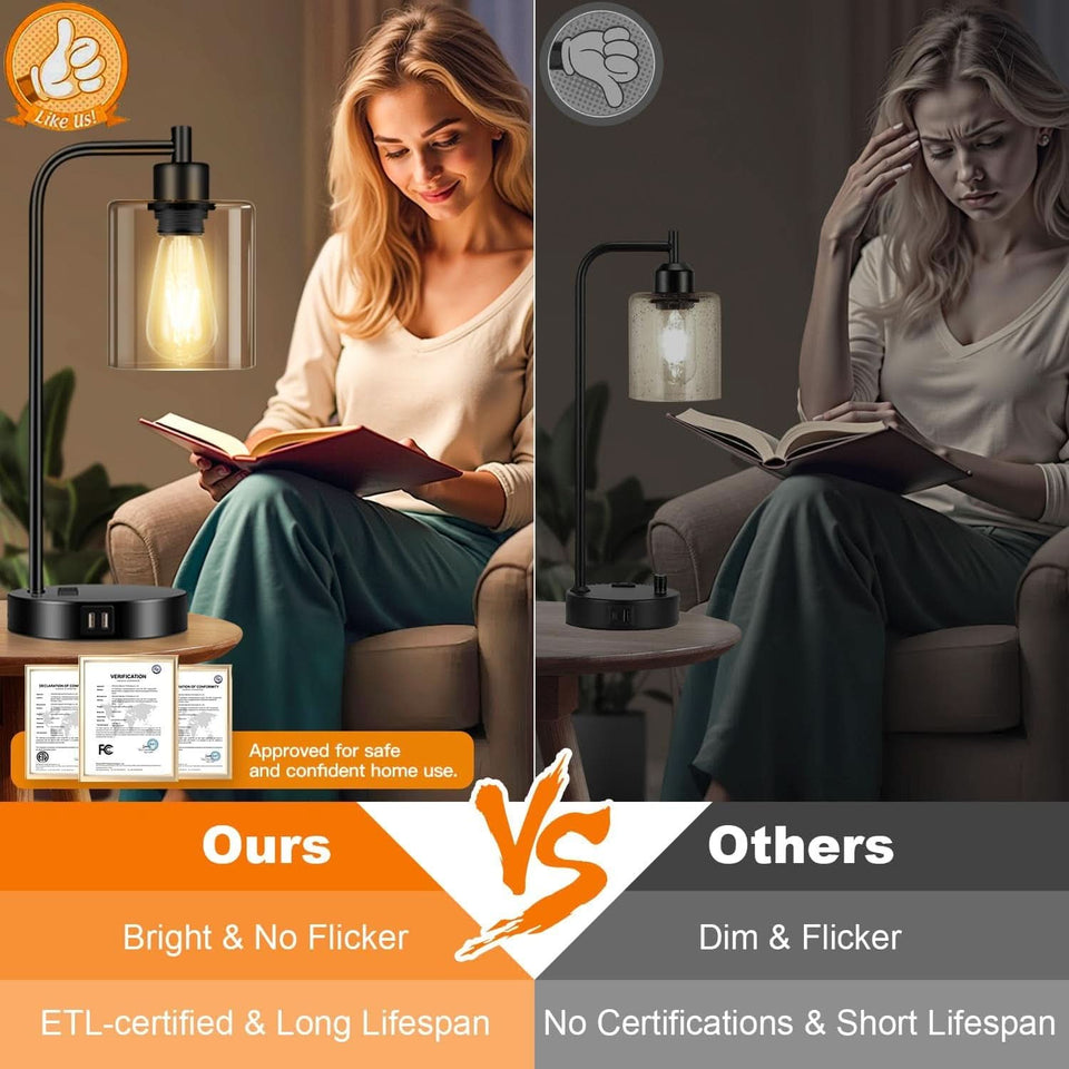 Black Industrial Touch Control Table Lamps With USB Ports