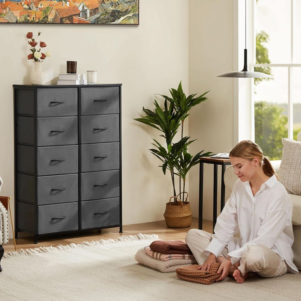 Tall Dresser With 10 Drawers And Wood Top For Bedroom