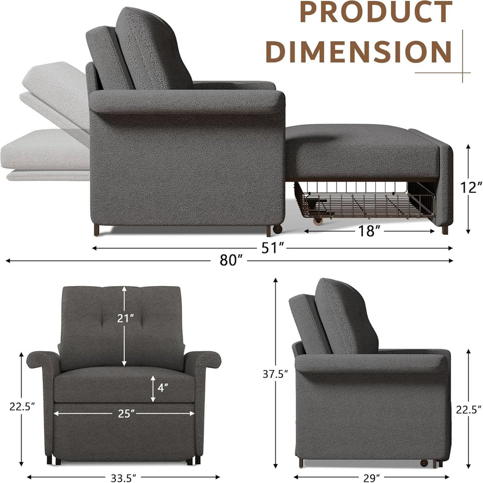 Dark Gray Lambswool Fabric Textured Sofa Bed Chair Storage