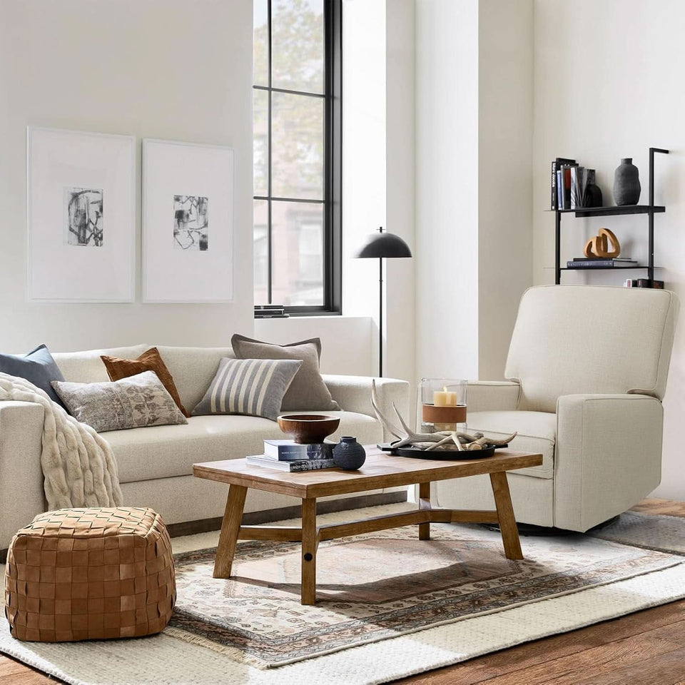 Beige Fabric Swivel Rocker Recliner Armchair DeepSeat