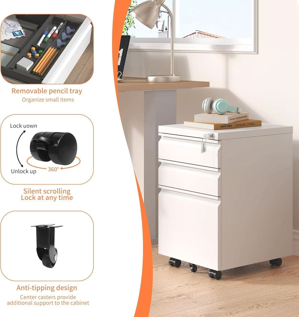 Three Drawer Locking File Cabinet Matte White For Home Office Under Desk Fully Assembled A4 Letter Legal