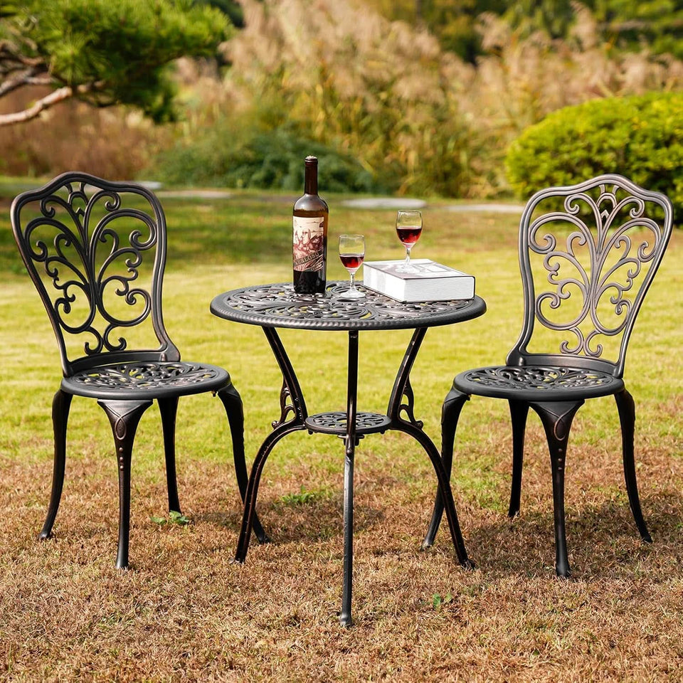 3 Piece Cast Aluminum Outdoor Patio Bistro Set With Umbrella Hole In Brown All Weather Durable