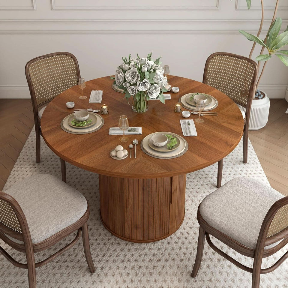 47 Inch Round Dining Table With Walnut Finish And Two Layer Storage Shelf