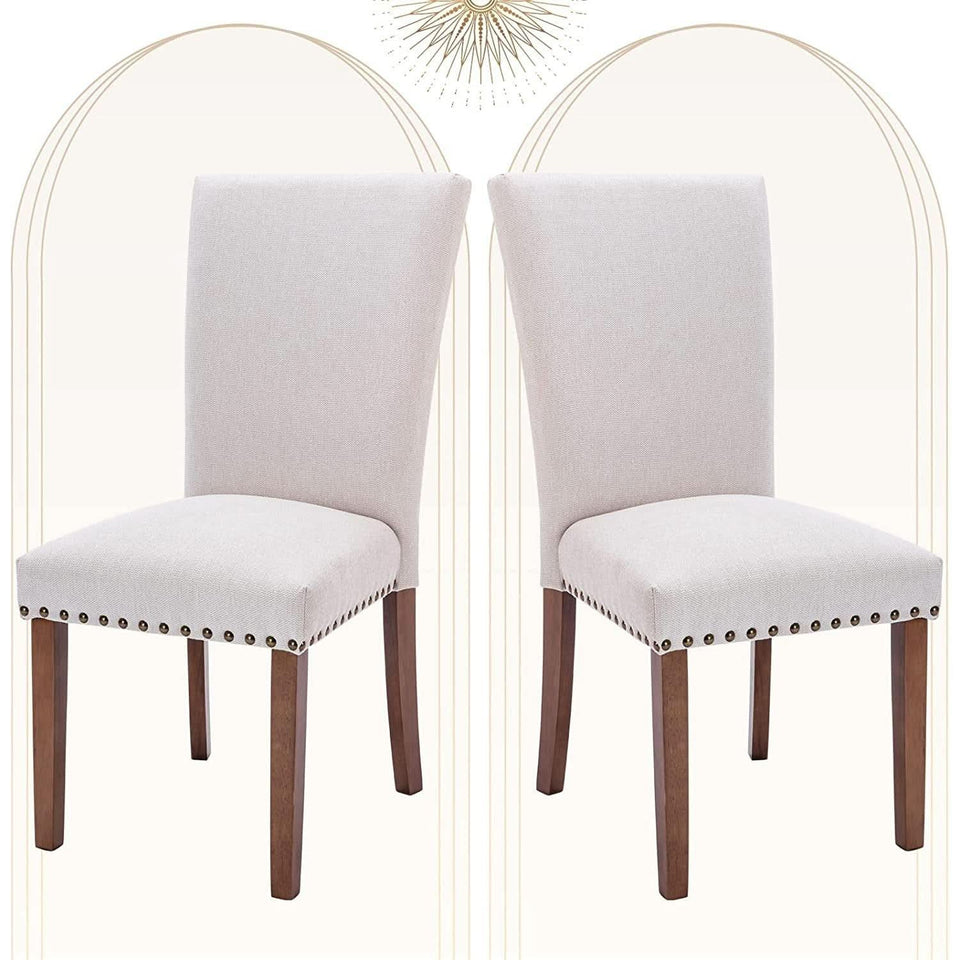 Beige Upholstered Parsons Chair With Nailhead Trim
