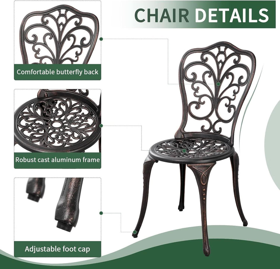 3 Piece Cast Aluminum Outdoor Patio Bistro Set With Umbrella Hole In Brown All Weather Durable