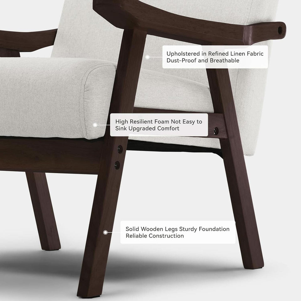 Beige Upholstered Modern Midcentury Solid Wood Armchair With Cushions
