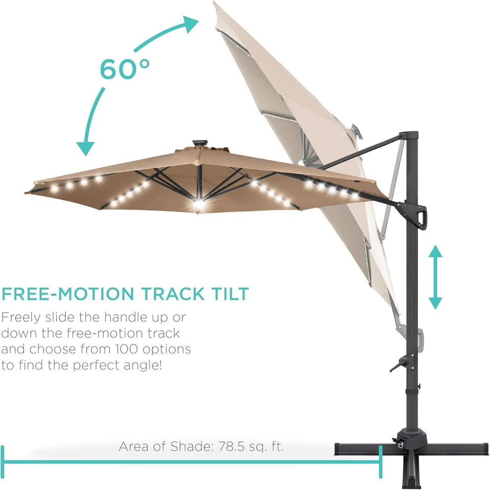 10 Foot Solar LED Cantilever Patio Umbrella With Lights Cross Base For Outdoor Use