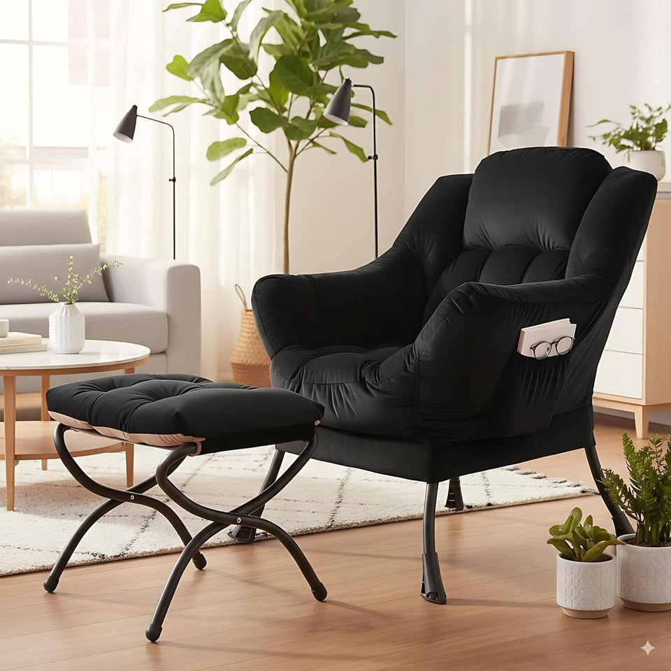 Large Upholstered Lounge Chair With Ottoman And Armrests