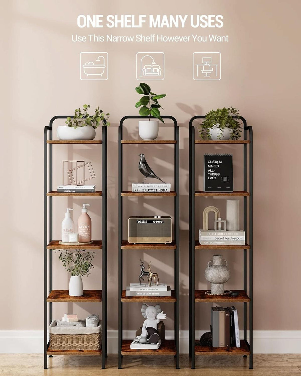 5-Tier Industrial Corner Shelf Narrow Rustic Black Bookcase