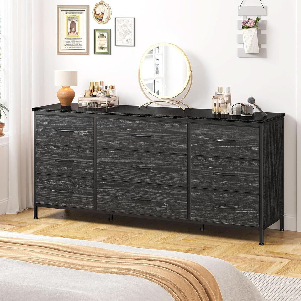 Dresser TV Stand for 60 Inch TV, 9 Drawer, Charcoal Black