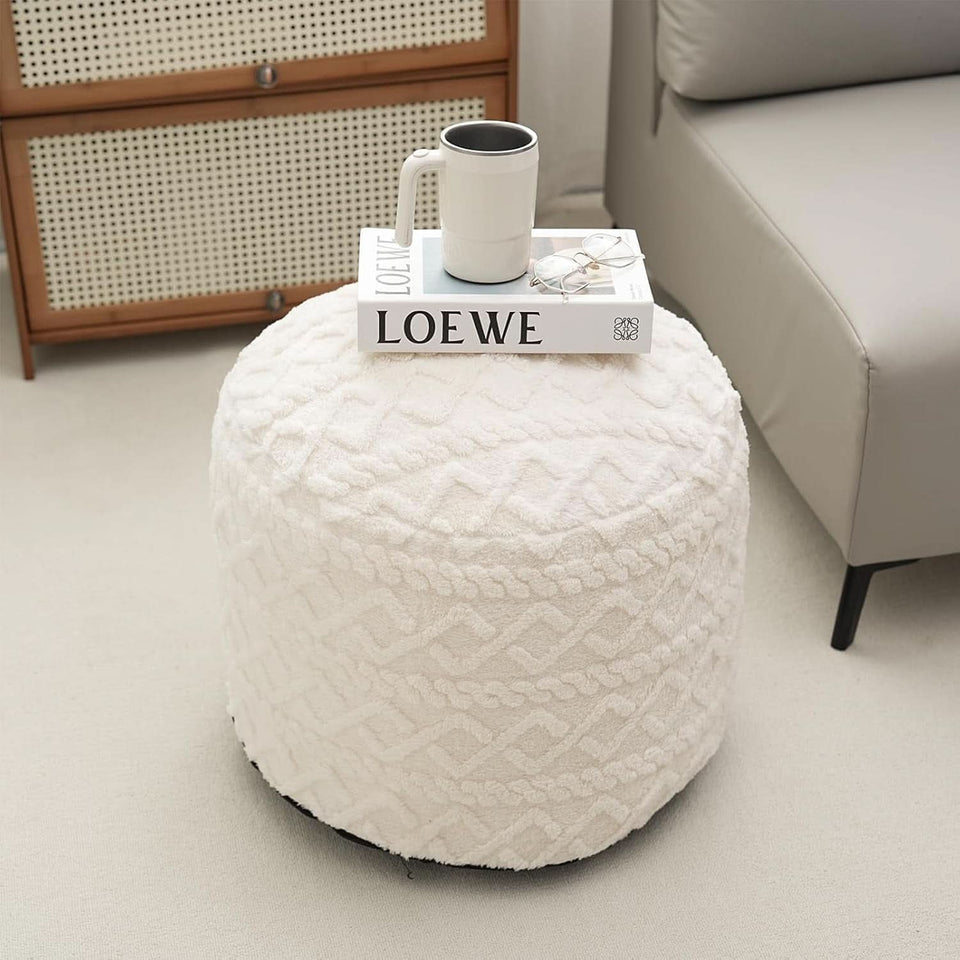 Beige Velvet Texture FauxFur Memory Foam Round Ottoman