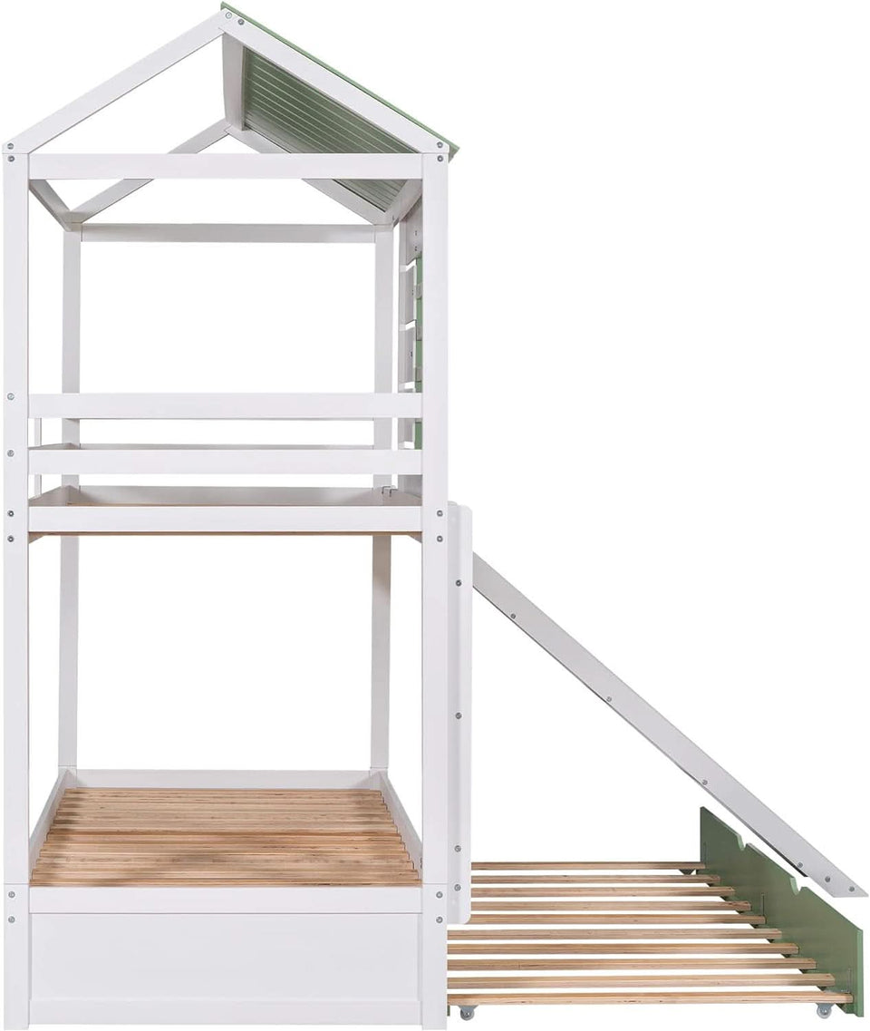 Bunk Bed Twin Over Twin With Slide And Trundle White Green