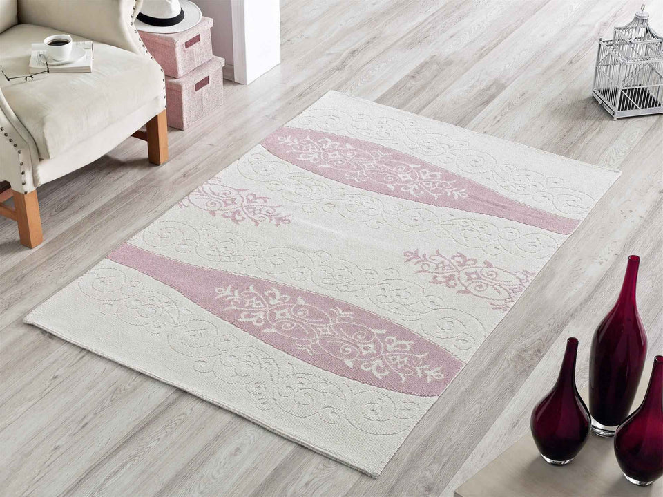 Vase 100% Cotton Washable Area Rug - Pink, White & Light Cream
