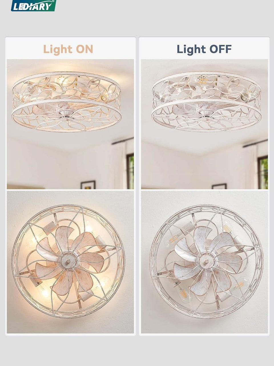 White And Gold Caged Ceiling Fan With Remote Light Fixture