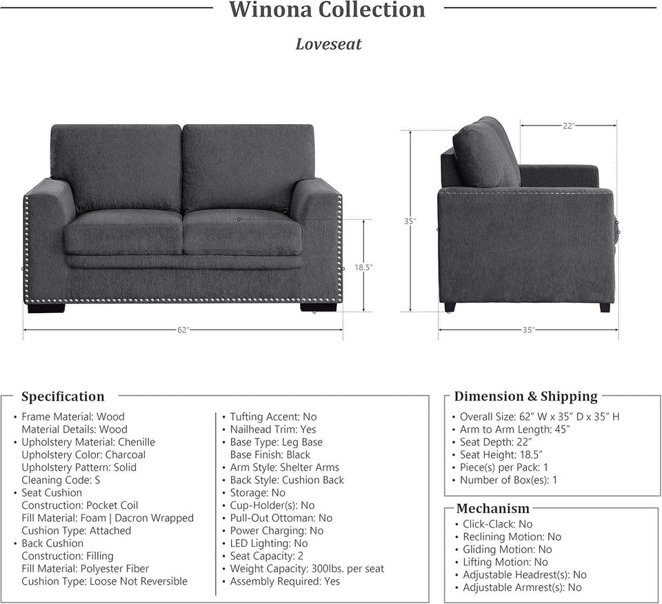 Charcoal 3 Piece Living Room Set With Chenille Upholstery