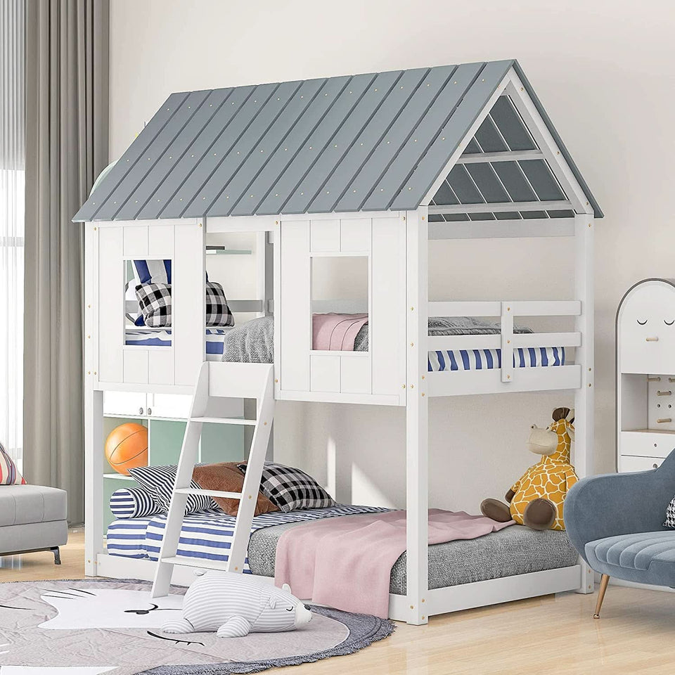 Twin House Bunk Bed With Playhouse White And Gray Finish
