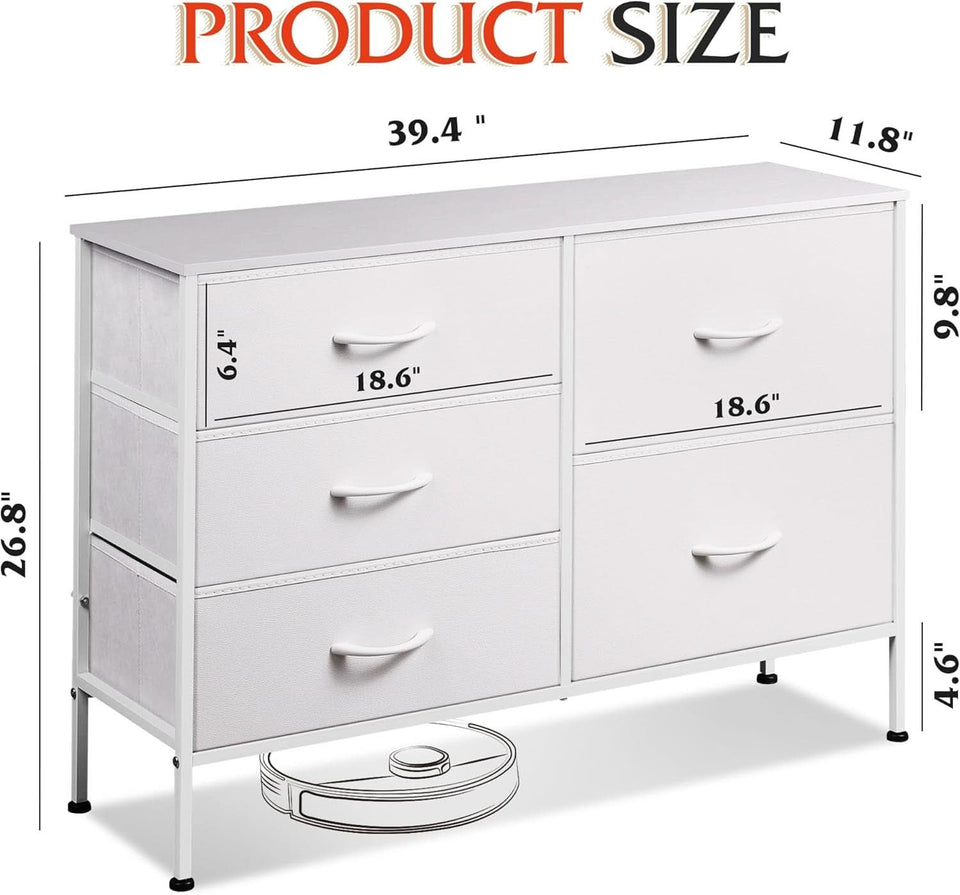 Fabric Dresser With 5 Drawers White For Bedroom Storage Organizer