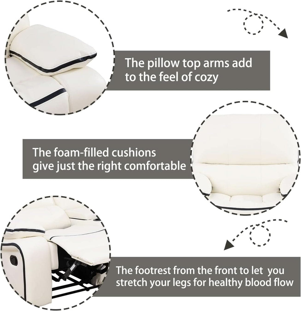 Cream White Bonded Leather Recliner Sofa Set With Manual Recliner