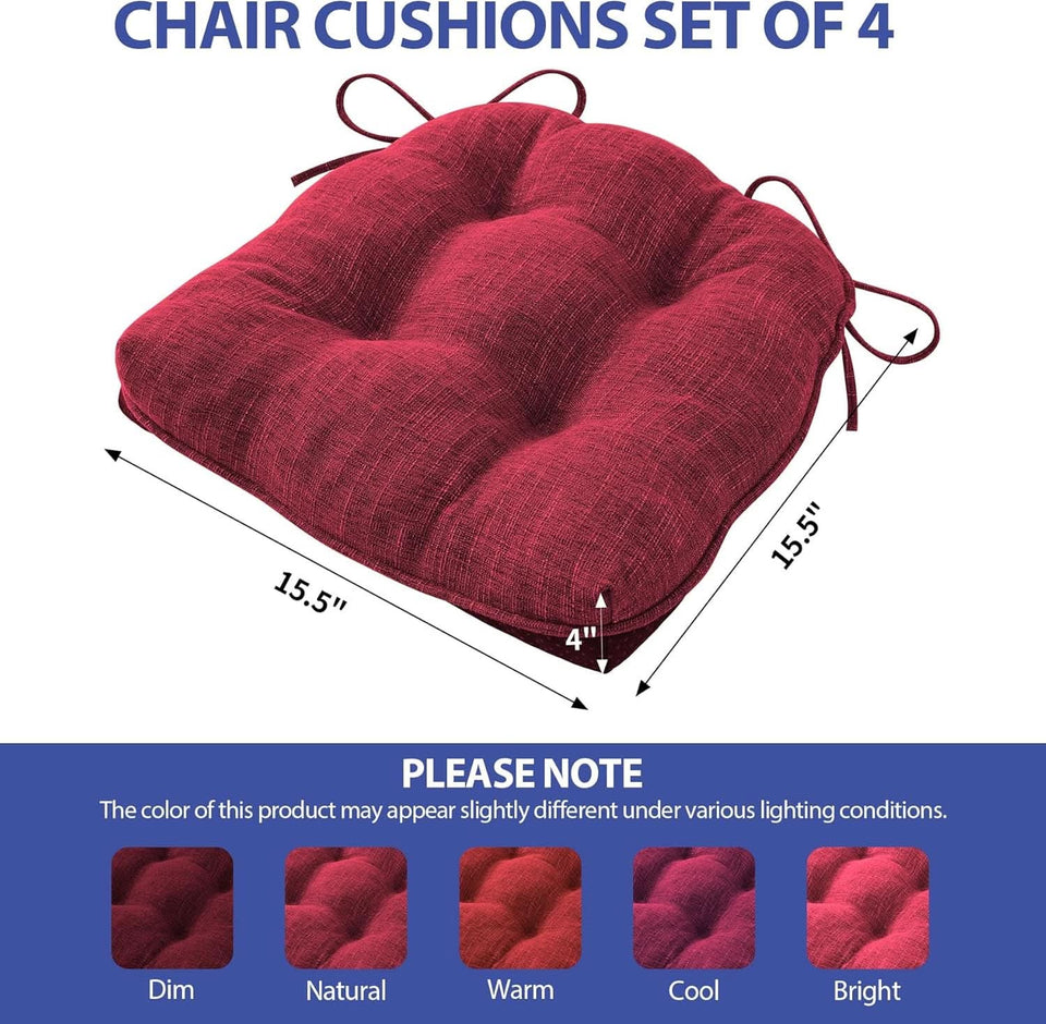 Red Tufted Memory Foam Chair Cushions 4 Pack Non Slip Ties