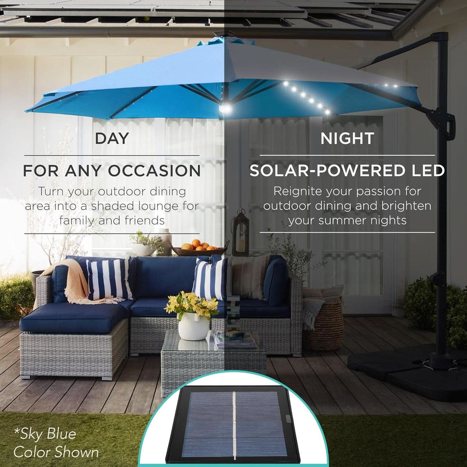 10 Ft Solar LED Cantilever Patio Umbrella With 360 Degree Rotation And Easy Tilt Offset Hanging Design Cross Base