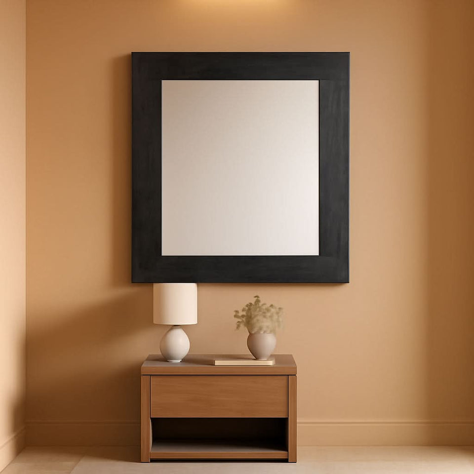 24x18 Inch Rectangle Black Wood Frame Wall Mirror With Attached Hanging Brackets Rustic Decor