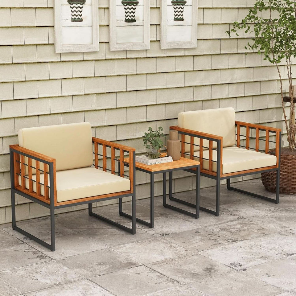 Three Piece Acacia Wood Patio Chair Set With Cushioned Seats For Balcony Porch And Backyard Beige