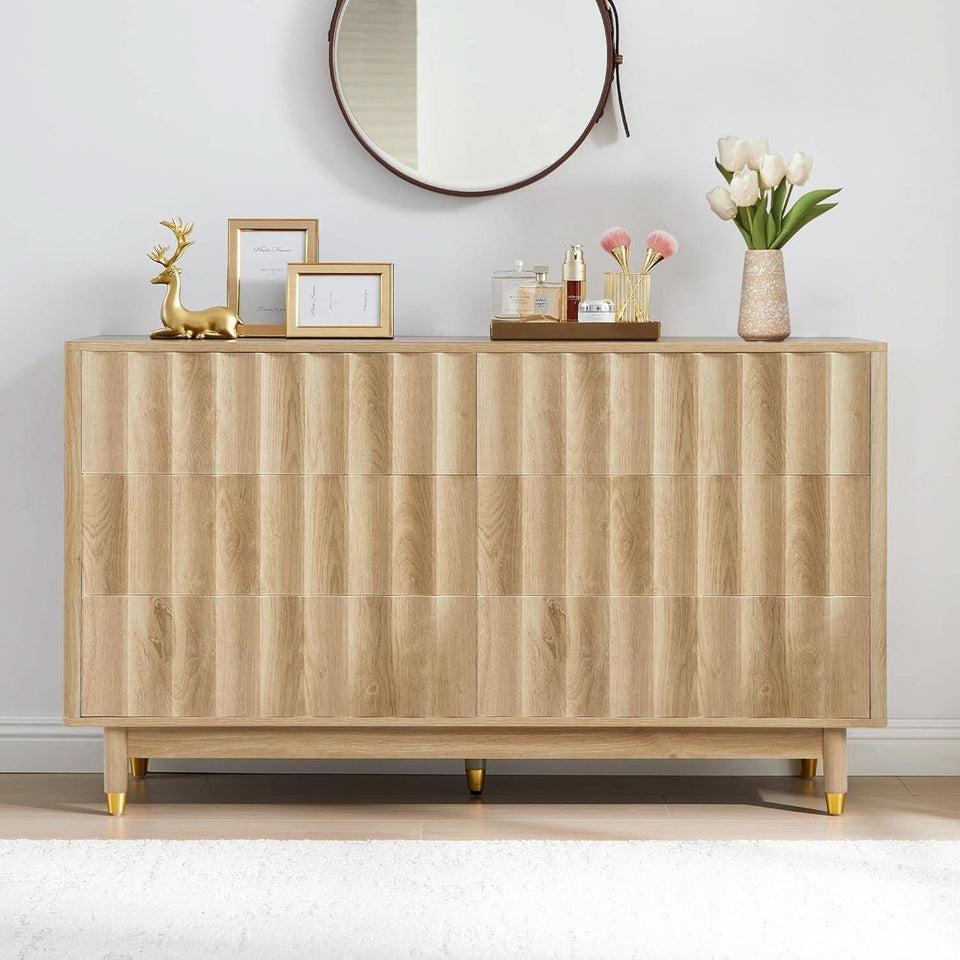 Fluted Six Drawer Dresser Walnut Finish FiftyThreeInchWide