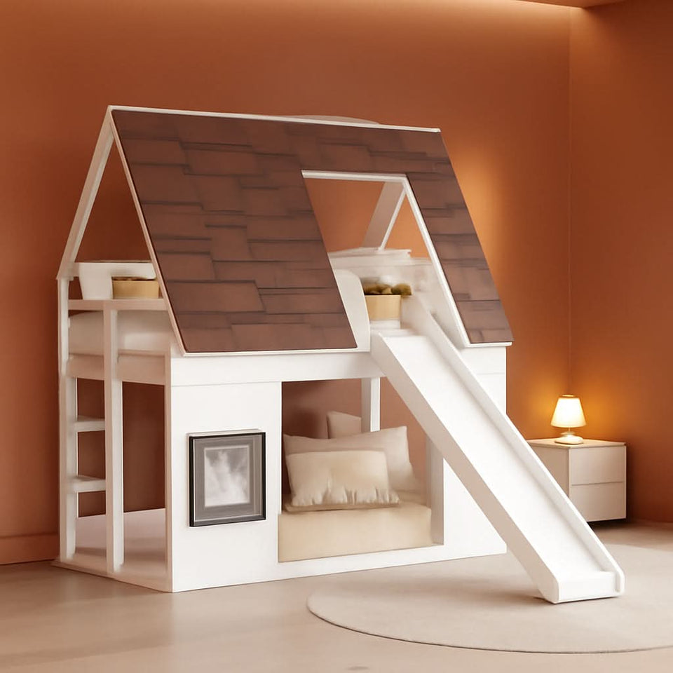 Twin Over Twin House Bunk Bed Frame White Brown With Roof