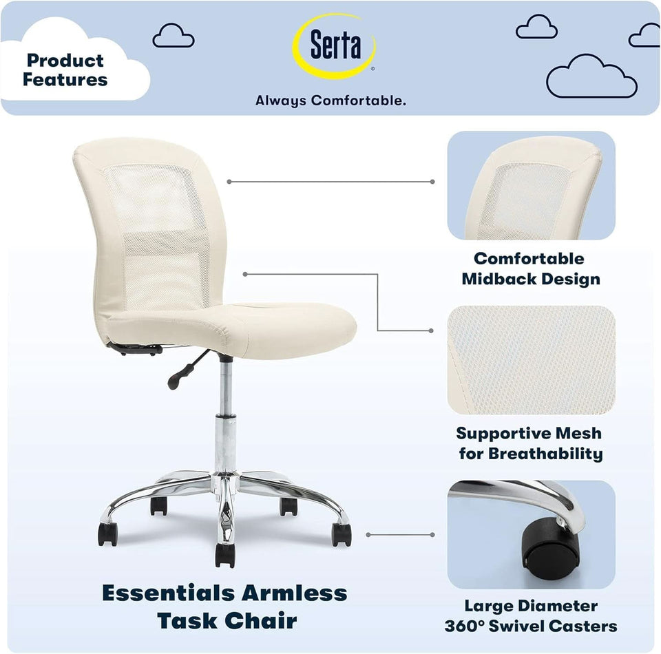 Armless Desk Chair With Mesh Back And Wheels Cream White