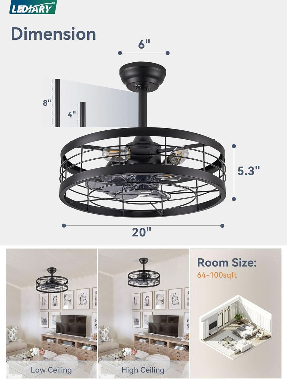 20 Inch Black Bladeless Fandelier Ceiling Fan With Light And Remote 6 Speeds For Kitchen Bedroom Living Room