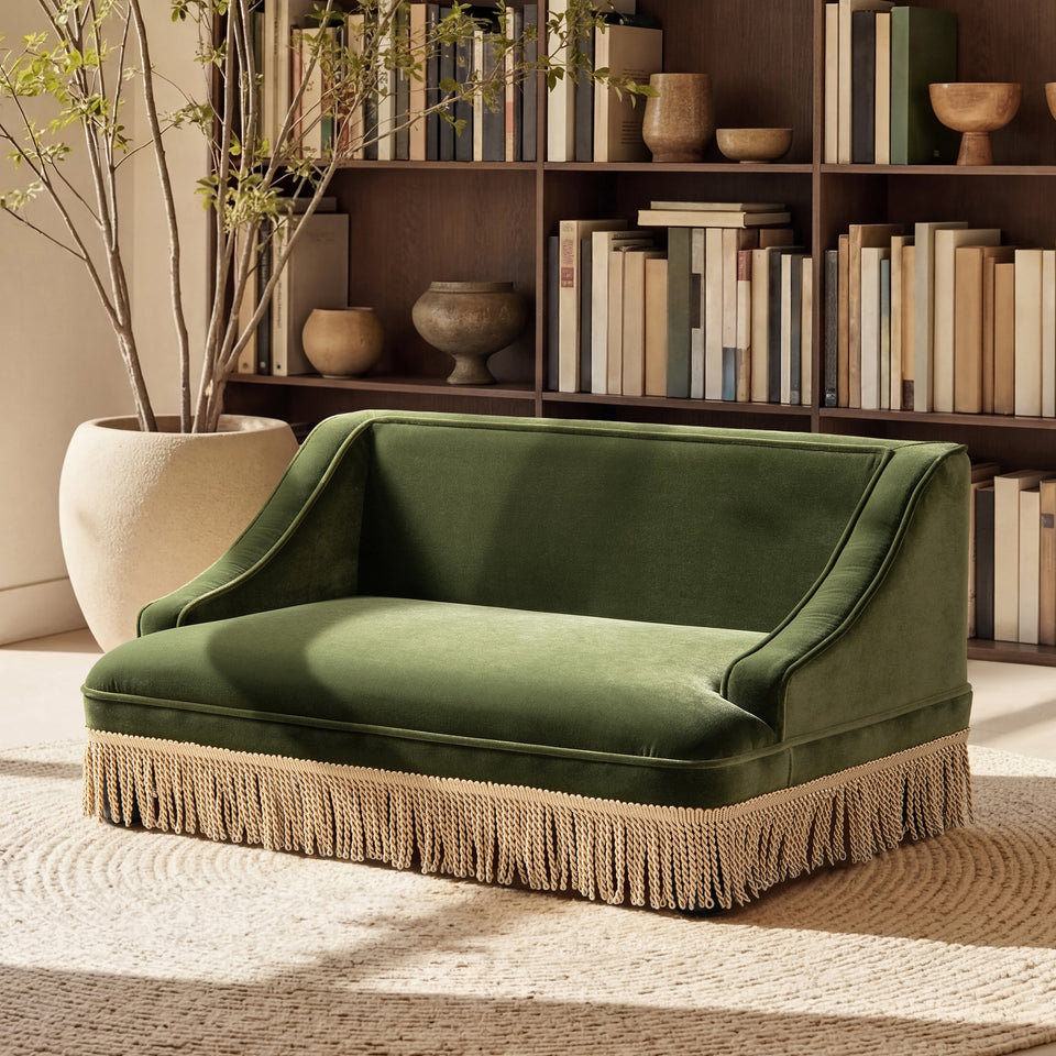 Olive Green Velvet Princess Pet Bed Sofa with Fringe Skirt - Medium