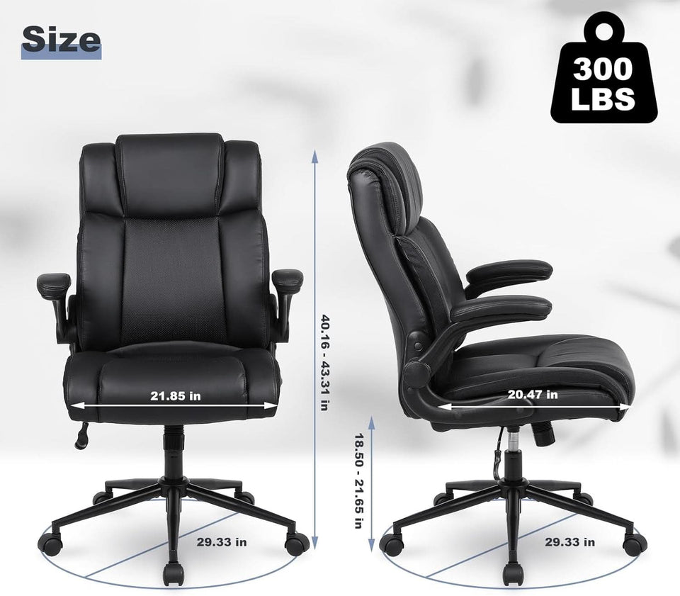 Black Leather Office Chair With Flip Up Armrests And Wheels