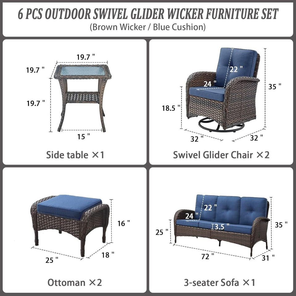 Six Piece Patio Conversation Set Brown Wicker Blue Cushions
