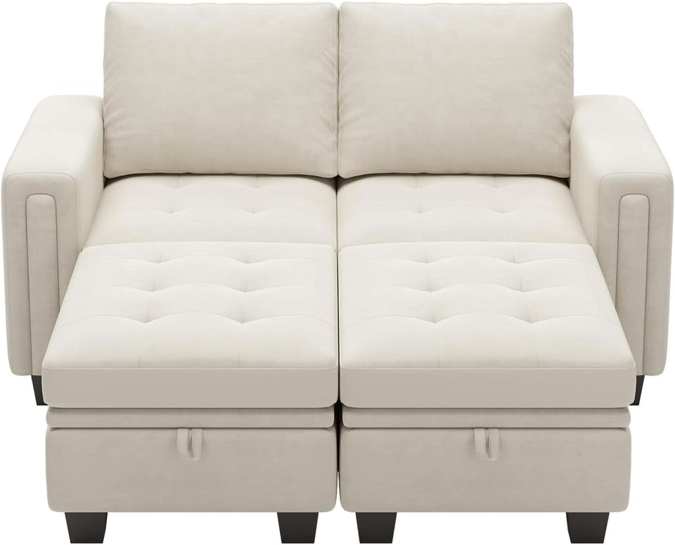 Beige Velvet Modular Sectional Sofa With Storage Sleeper