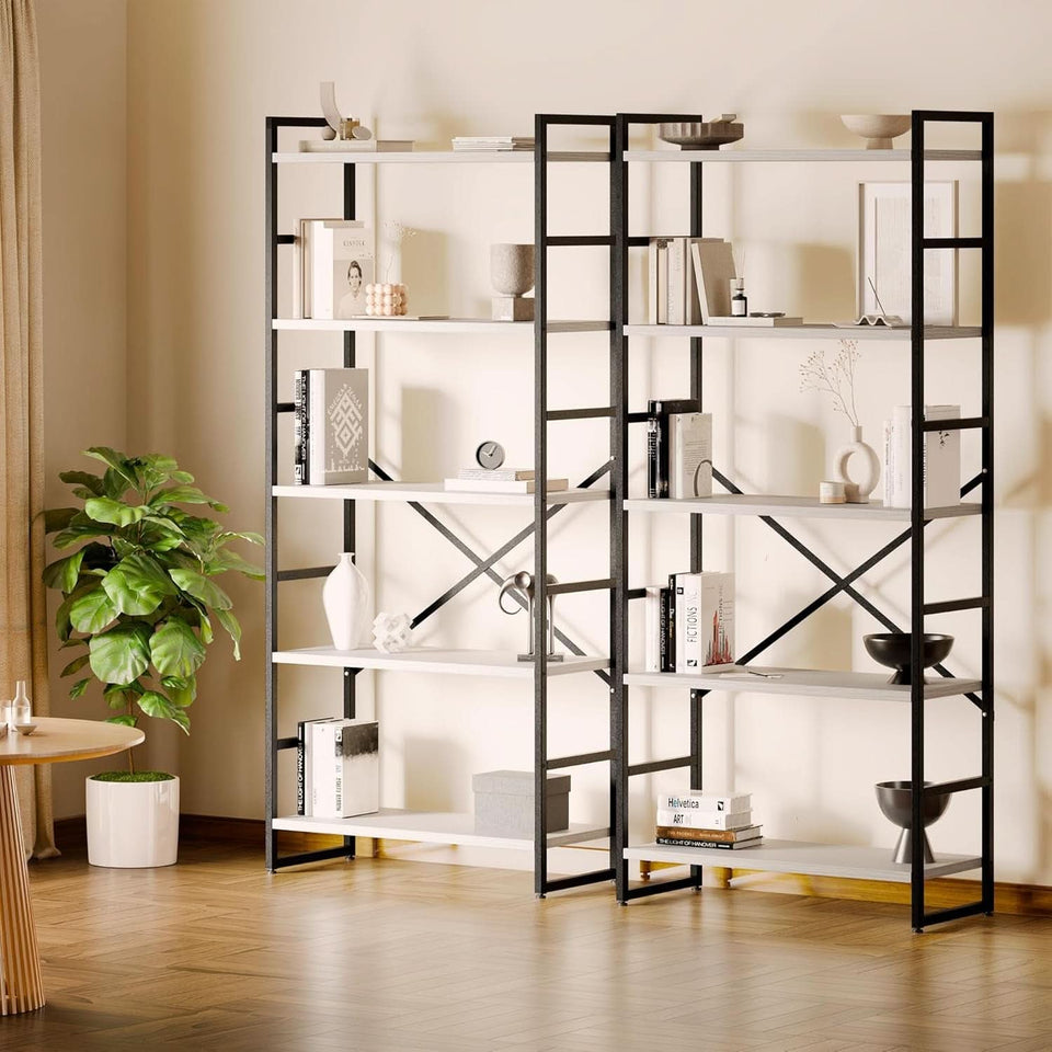 Two Piece Five Tier White Bookshelf Set Industrial Modern Bookcase For Living Room Office