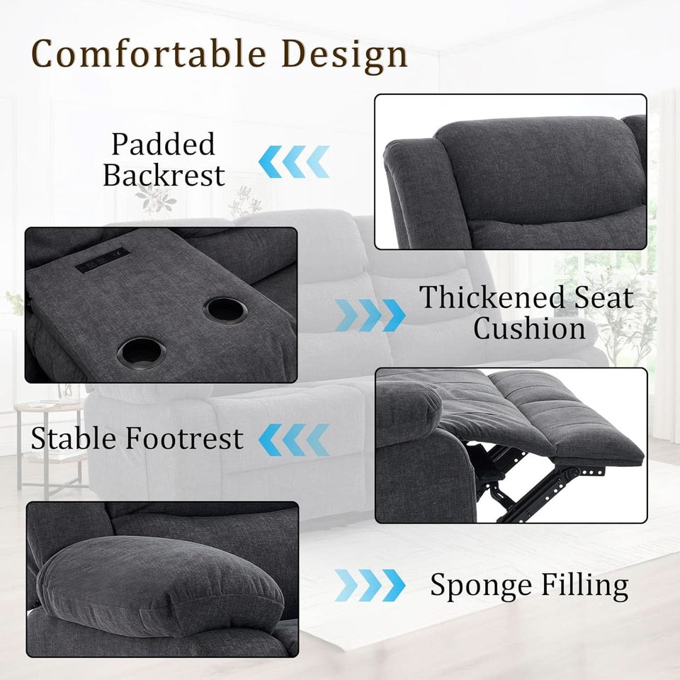 Grey Oversized 3 Seater Reclining Sofa With Console