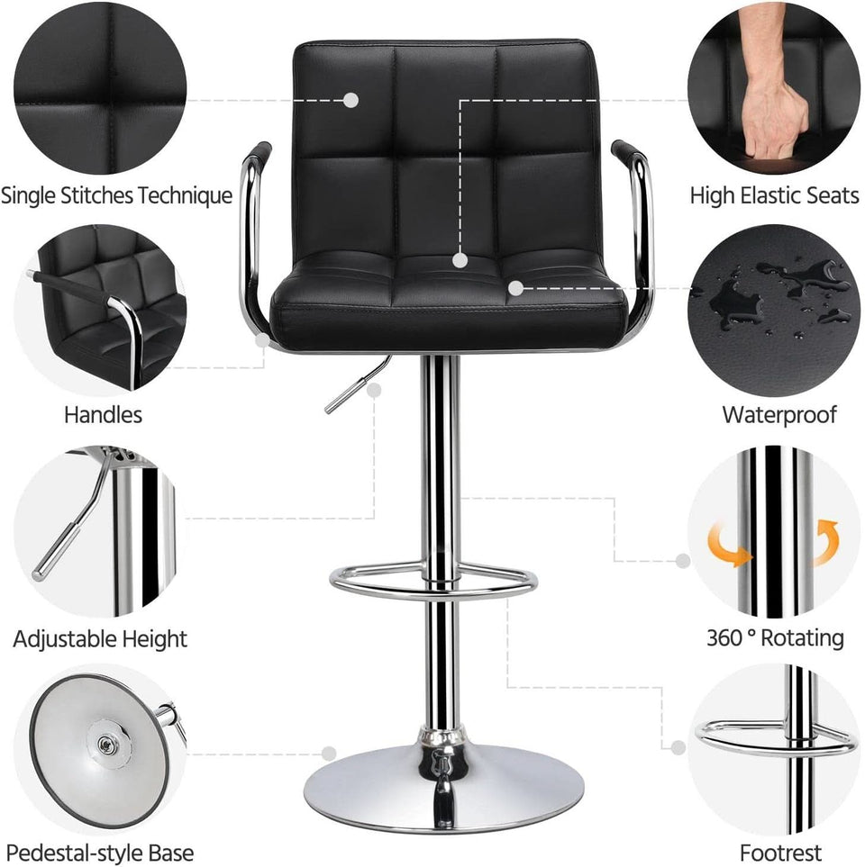 Bar Stools Set Of 2 Adjustable PU Leather Black Swivel