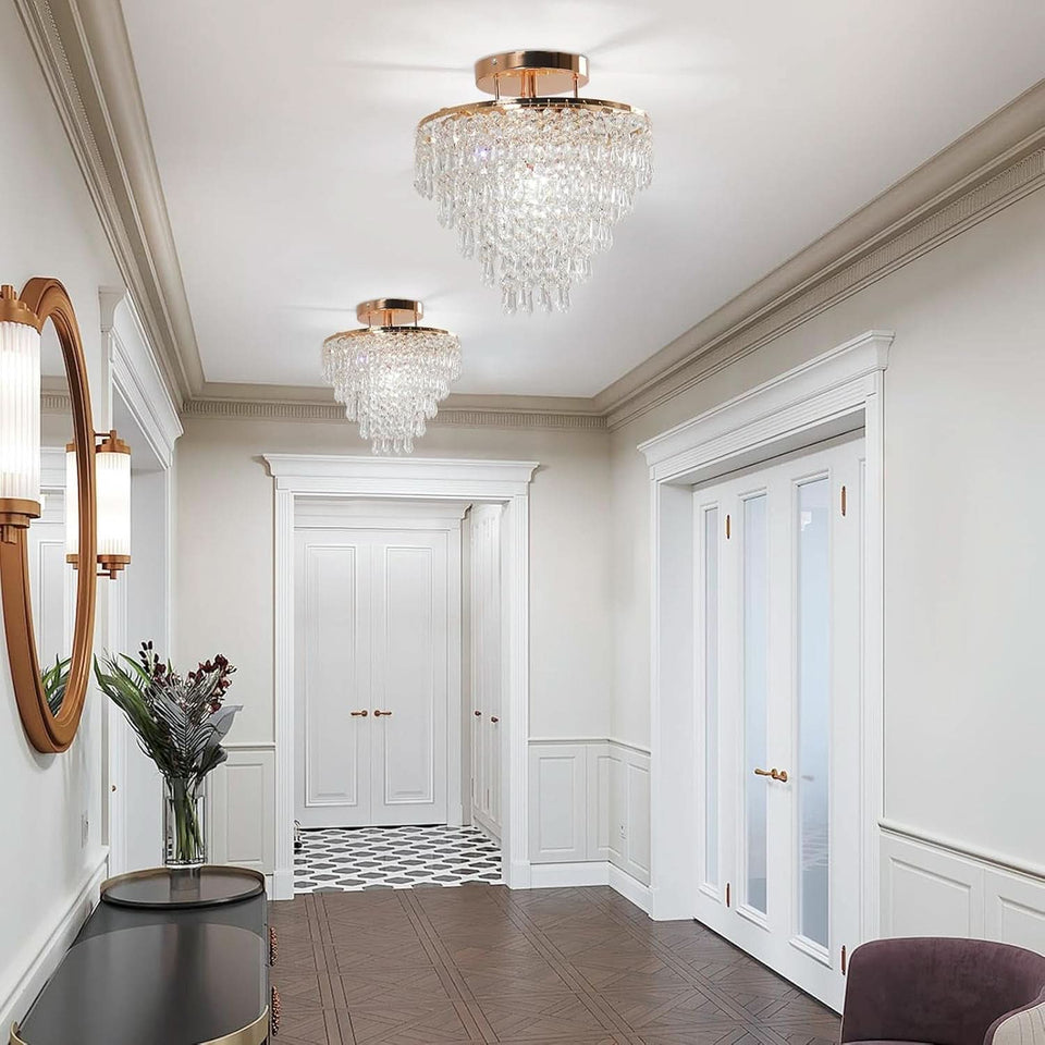 Gold Crystal Flush Mount Chandelier 30cm Ceiling Light