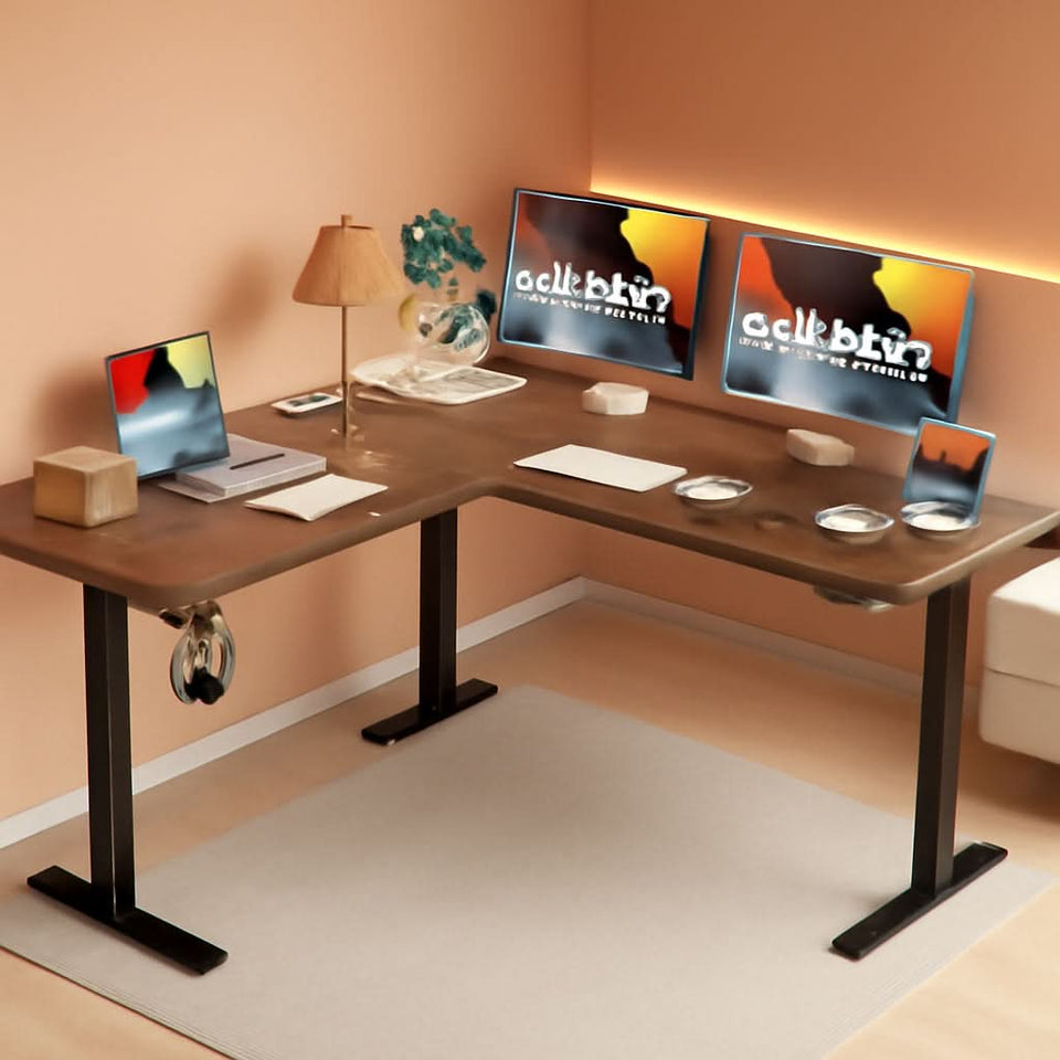 L Shaped Electric Standing Desk 63 By 55 Inch Dark Walnut