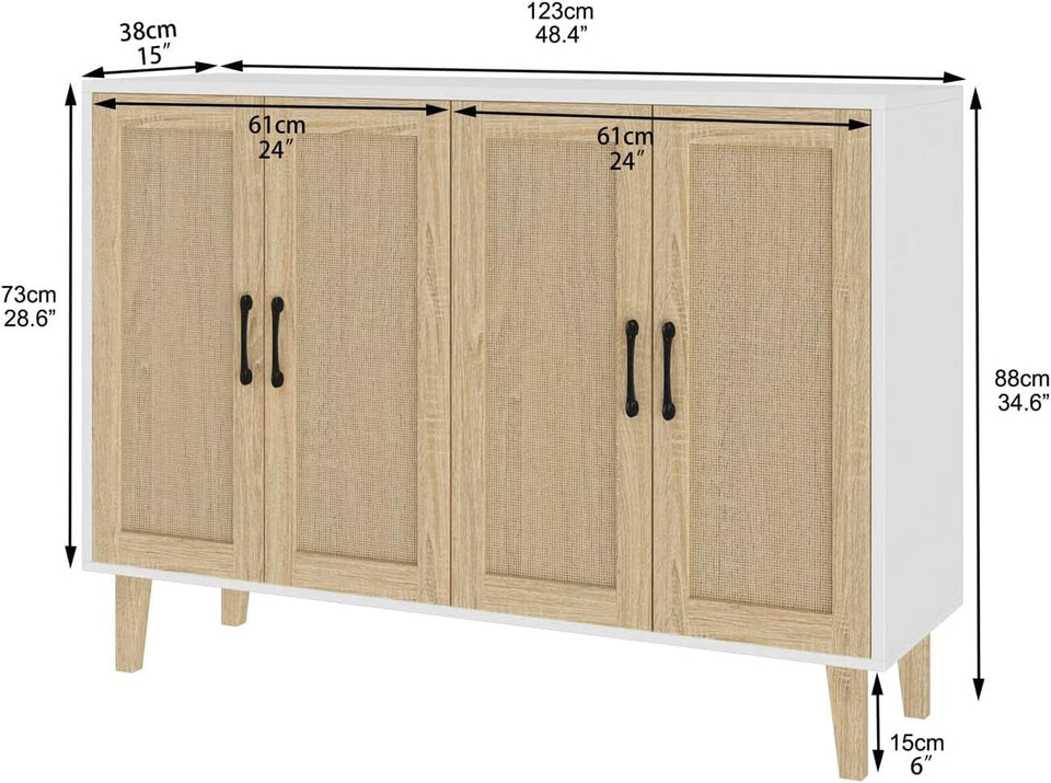 Buffet Storage Cabinet White Rattan Decor 4 Doors 48 Inch