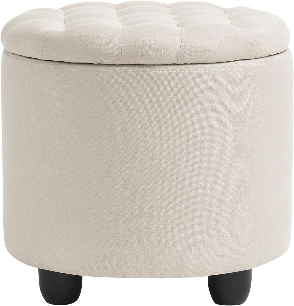 Beige Round Storage Ottoman Featuring Removable Lid