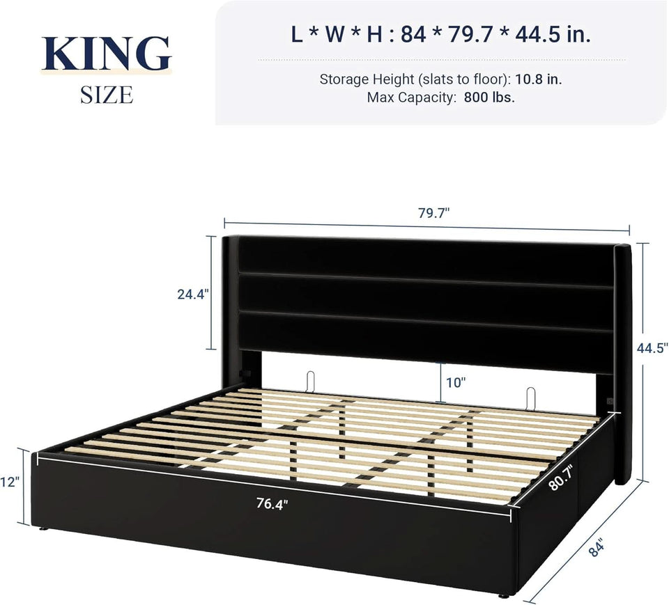 King Size Black Velvet Storage Bed With Hydraulic Lift