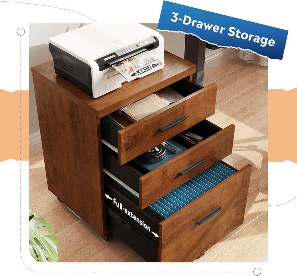 Walnut 3 Drawer File Cabinet For Home Office Under Desk With Rolling Wheels Printer Stand